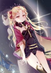 Rule 34 | 2girls, asymmetrical legwear, bad id, bad pixiv id, black dress, black hair, black legwear, blonde hair, blush, bow, cape, carrying, closed mouth, dress, dutch angle, earrings, ereshkigal (fate), fate/grand order, fate (series), hair bow, infinity symbol, ishtar (fate), jewelry, long hair, multicolored cape, multicolored clothes, multiple girls, parted bangs, princess carry, qlakwnd, red bow, red cape, red eyes, reflection, ripples, single thighhigh, skull, spine, thighhighs, tiara, two side up, uneven legwear, very long hair, yellow cape