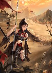 Rule 34 | 1girl, armor, armored dress, arrow (projectile), bare tree, black dress, blood, blood on face, boots, cloud, cuts, detached sleeves, dress, full body, heterochromia, highres, horse, injury, mountain, polearm, ponytail, rock, second-party source, shaonian ge xing, sikong qianluo (shaonian ge xing), solo, spear, sun, torn clothes, torn flag, tree, weapon, xiao tu zai zi