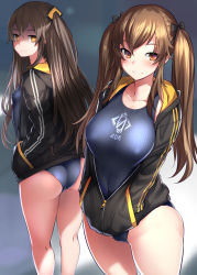 Rule 34 | 2girls, 404 logo (girls&#039; frontline), ass, black jacket, blue one-piece swimsuit, blurry, blurry background, bosshi, breasts, brown eyes, brown hair, closed mouth, collarbone, competition swimsuit, cowboy shot, depth of field, covered erect nipples, artistic error, girls&#039; frontline, grey one-piece swimsuit, hair ornament, hair ribbon, hairclip, hands in pockets, highres, jacket, large breasts, long hair, long sleeves, looking at viewer, matching outfits, medium breasts, multiple girls, one-piece swimsuit, one side up, orange eyes, ribbon, small breasts, smile, standing, swimsuit, swimsuit under clothes, twintails, ump45 (girls&#039; frontline), ump9 (girls&#039; frontline)