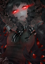 Rule 34 | 10s, 1girl, abyssal ship, black hair, chikotsu, glowing, glowing eyes, gothic lolita, isolated island oni, kantai collection, lolita fashion, long hair, looking at viewer, pale skin, red eyes, solo
