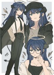 1girl arknights baseball_cap black_camisole black_coat black_hat black_necktie black_pants blue_background blue_eyes blue_hair border camisole closed_mouth coat coat_on_shoulders collared_shirt dated demon_horns demon_tail detached_wings energy_wings glasses grey_shirt halo hand_in_pocket hand_up hat highres horns long_hair long_sleeves mostima_(arknights) multiple_views necktie off_shoulder open_clothes open_shirt outside_border pants parted_lips seri_(vyrlw) shirt sidelocks signature sleeves_past_wrists tail white_border white_shirt wings