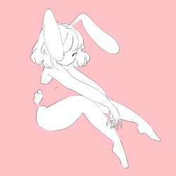 Rule 34 | 1girl, absurdres, animal ears, bare legs, barefoot, blending, fake animal ears, highres, knees up, lemyawn, limited palette, medium hair, no mouth, no nose, original, own hands together, pink background, playboy bunny, rabbit ears, rabbit tail, simple background, solo, tail, white hair
