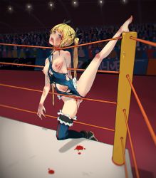 Rule 34 | 1girl, artist request, asphyxiation, barefoot, blonde hair, blood, blue eyes, blush, breasts, cuts, dead or alive, feet, functionally nude, guro, highres, injury, long hair, marie rose, nipples, open mouth, pussy, ryona, solo, tears, thighhighs, toes, tongue, tongue out, torn clothes, twintails