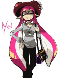 Rule 34 | 1girl, bag, commentary request, cowboy hat, goggles, goggles on head, handbag, hat, inkling, inkling girl, inkling player character, jewelry, long hair, nana (raiupika), necklace, nintendo, pink eyes, pink hair, solo, splatoon (series), splatoon 1, tentacle hair