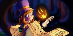 Rule 34 | a hat in time, blue eyes, brown hair, calligraphy brush, cape, feathers, hat, hat kid, highres, holding, holding paper, jenna brown, list, night, official art, paintbrush, paper, ponytail, snatcher (a hat in time), solo, top hat, yellow eyes