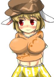 Rule 34 | 1girl, animal ears, beret, blonde hair, blush, breasts, rabbit ears, female focus, gaoo (frpjx283), hat, highres, large breasts, red eyes, ringo (touhou), solo, touhou