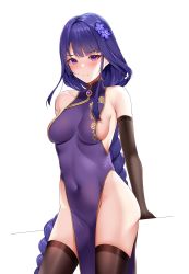 Rule 34 | 1girl, braid, breasts, china dress, chinese clothes, cowboy shot, dress, elbow gloves, genshin impact, gloves, highres, large breasts, long hair, looking at viewer, low-braided long hair, low-tied long hair, matrix16, mole, no panties, purple eyes, purple hair, raiden shogun, sideboob, smile, solo, thighhighs, very long hair, white background