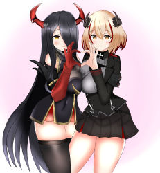 Rule 34 | 2girls, artist request, azur lane, bare shoulders, black hair, black jacket, black legwear, blonde hair, blush, breasts, brown eyes, closed mouth, commentary request, covered navel, cross, friedrich der grosse (azur lane), gloves, gradient background, hair between eyes, hair over one eye, headgear, heart, heart hands, heart hands duo, highres, horns, iron cross, jacket, large breasts, long hair, long sleeves, looking at viewer, multicolored hair, multiple girls, parted lips, pleated skirt, red gloves, red hair, red horns, roon (azur lane), short hair, skirt, smile, streaked hair, thighhighs, thighs, very long hair, yellow eyes