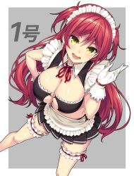 Rule 34 | 1girl, border, bow, bowtie, breasts, cage unlimited, cleavage, cleavage cutout, clothing cutout, commentary request, dress, frilled dress, frills, gloves, grey background, large breasts, long hair, looking at viewer, maid, maid headdress, midriff, open mouth, original, red bow, red bowtie, red hair, shiny skin, smile, solo, sparkling eyes, tongue, unconventional maid, white background, white border, white gloves, yellow eyes