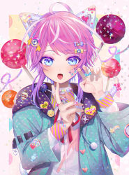Rule 34 | 1boy, abandon ranka, ahoge, amemura ramuda, animal ears, bandaid, between fingers, blue eyes, buckle, buttons, candy, cat ears, cat tail, creatures (company), dress shirt, eyeshadow, fake animal ears, fangs, fingernails, food, game freak, gen 1 pokemon, gradient hair, green hoodie, hair ornament, hairclip, hands up, heart, heart print, highres, holding, hood, hood down, hoodie, hypnosis mic, jewelry, jigglypuff, lollipop, long sleeves, looking at viewer, makeup, male focus, multicolored hair, neck ribbon, nintendo, open clothes, open hoodie, open mouth, pink hair, pokemon, pokemon (creature), pom pom (clothes), purple hair, red ribbon, ribbon, ring, shirt, short hair with long locks, sidelocks, solo, star (symbol), streaked hair, swept bangs, tail, tongue, tongue out, trap, upper body, white hair, white shirt