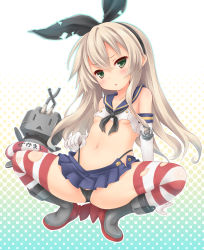 Rule 34 | 10s, 1girl, :o, anchor, anchor hair ornament, black panties, blonde hair, blush, boots, breasts, cameltoe, elbow gloves, gloves, green eyes, grey footwear, hair ornament, hairband, highleg, highleg panties, kantai collection, lifebuoy, long hair, looking at viewer, navel, panties, personification, rensouhou-chan, ryo (botugo), shimakaze (kancolle), skirt, small breasts, solo, spread legs, squatting, striped clothes, striped thighhighs, swim ring, thighhighs, torn clothes, torn thighhighs, underwear, white gloves