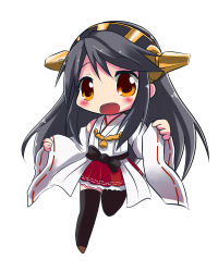 Rule 34 | 10s, 1girl, ahoge, bare shoulders, black hair, black thighhighs, boots, brown eyes, detached sleeves, erusen, erusen (des-arms), full body, hair ornament, hairband, haruna (kancolle), headgear, japanese clothes, kantai collection, long hair, nontraditional miko, personification, pleated skirt, skirt, solo, thigh boots, thighhighs, white background, wide sleeves, zettai ryouiki