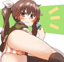 Rule 34 | 10s, 1girl, :c, amonitto, ass, black thighhighs, blush, brown eyes, brown hair, food, hair ribbon, kantai collection, long hair, looking at viewer, lying, no pants, on side, panties, popsicle, puffy sleeves, ribbon, saliva, saliva trail, shirt, striped clothes, striped panties, thighhighs, tone (kancolle), twintails, underwear
