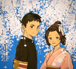 Rule 34 | 1boy, 1girl, ace attorney, armband, bangs pinned back, black eyes, black hair, black jacket, blush, brown eyes, buttons, cherry blossoms, closed mouth, floral print, hair ribbon, hair rings, highres, jacket, japanese clothes, kimono, long sleeves, looking at viewer, open mouth, outdoors, pink kimono, renshu usodayo, ribbon, ryunosuke naruhodo, short hair, smile, susato mikotoba, the great ace attorney, updo, upper body