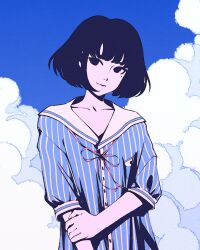 Rule 34 | 1girl, akashi (yojouhan), arm at side, black eyes, black hair, blue background, blue dress, blue sky, blunt bangs, bob cut, breasts, closed mouth, cloud, cloudy sky, collarbone, commentary, cumulonimbus cloud, dress, expressionless, hand on own arm, head tilt, high contrast, looking at viewer, mole, mole under eye, moshimoshibe, neck ribbon, outdoors, pink ribbon, ribbon, romaji commentary, sailor collar, short hair, sky, small breasts, solo, striped clothes, striped dress, upper body, vertical-striped clothes, vertical-striped dress, white sailor collar, yojouhan shinwa taikei