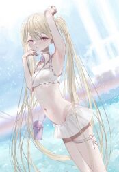 Rule 34 | 1girl, absurdres, arm up, armpits, bikini, bikini skirt, blonde hair, blurry, blurry background, blush, breasts, brooch, choker, cowboy shot, cup, frilled bikini, frills, highleg, highleg bikini, highres, jewelry, long hair, looking at viewer, msa (fary white), navel, original, outdoors, parted lips, pool, purple eyes, slit pupils, small breasts, solo, stomach, sweat, swimsuit, thigh strap, twintails, very long hair, water, white bikini, white choker