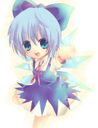 Rule 34 | 1girl, blue eyes, blue hair, bow, child, cirno, clenched hand, dress, hair bow, leg up, lowres, matching hair/eyes, pochi-t, pochi t, ribbon, short hair, solo, embodiment of scarlet devil, touhou, wings