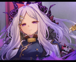 Rule 34 | 1girl, absurdres, aiguillette, black coat, black horns, blue archive, buttons, closed mouth, coat, demon horns, double-breasted, highres, hina (blue archive), horns, long hair, long sleeves, looking at viewer, military uniform, parted bangs, purple eyes, solo, uniform, upper body, very long hair, white hair, yozakurayuyu