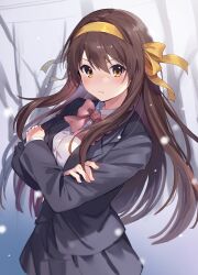 Rule 34 | 1girl, black jacket, black skirt, blazer, blush, bow, bowtie, brown eyes, brown hair, buttons, closed mouth, collared shirt, commentary request, cowboy shot, crossed arms, hair between eyes, hair ribbon, hairband, highres, jacket, knokzm, kouyouen academy school uniform, long hair, looking at viewer, official alternate costume, official alternate hairstyle, pink bow, pink bowtie, ribbon, school uniform, shirt, skirt, snowing, solo, standing, suzumiya haruhi, suzumiya haruhi no shoushitsu, suzumiya haruhi no yuuutsu, white shirt, winter uniform, yellow hairband, yellow ribbon