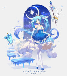 Rule 34 | 1girl, absurdres, bare shoulders, blue dress, blue eyes, blue footwear, blue hair, commentary, detached sleeves, dress, full body, hair ornament, hatsune miku, highres, holding, ice, long hair, long sleeves, looking at viewer, musical note, pantyhose, puffy sleeves, rabbit, smile, stairs, tiara, twintails, very long hair, vocaloid, w-t, white pantyhose, yuki miku, yuki miku (2019)