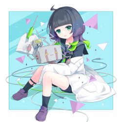 Rule 34 | 1girl, ahoge, aqua eyes, black hair, black shorts, black socks, blue jacket, blue sailor collar, blunt bangs, breast pocket, cable, coat, collarbone, colored tips, green hair, green necktie, hair over shoulder, head tilt, highres, holding, holding screwdriver, jacket, lab coat, loafers, looking at viewer, mechanical arms, multicolored hair, necktie, non-humanoid robot, off shoulder, original, oversized clothes, pocket, purple footwear, purple hair, purple necktie, robot, sailor collar, screwdriver, shadow, shoes, shorts, sidelocks, simple background, sitting, sleeves past fingers, sleeves past wrists, socks, sparks, toaster, triangle, two-tone necktie, white coat, yutukicom