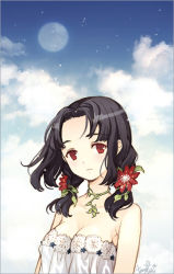 Rule 34 | 1girl, bad id, bad pixiv id, bare shoulders, black hair, breasts, cleavage, cloud, face, flower, full moon, hair ornament, jewelry, moon, necklace, original, red eyes, sky, solo, tearfish, twintails