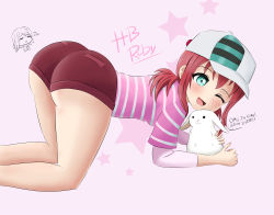 Rule 34 | 1girl, aqua eyes, artist name, artist request, ass, bare legs, blush, brown pants, brown shorts, danzfloor, female focus, green eyes, hair between eyes, highres, kurosawa ruby, looking at viewer, love live!, love live! sunshine!!, one eye closed, pants, parted lips, pink shirt, red hair, shirt, short hair, shorts, smile, solo, striped clothes, striped shirt