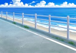 Rule 34 | beach, blue sky, day, fence, grass, highres, horizon, no humans, original, outdoors, painting (medium), road, sawitou mizuki, sky, traditional media