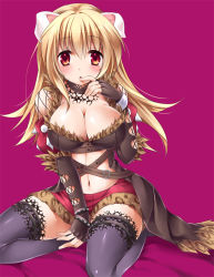 Rule 34 | 1girl, :o, alternate color, animal ears, belt, black thighhighs, blonde hair, blush, bracelet, breasts, cleavage, elbow gloves, finger to mouth, fingerless gloves, fishnets, gloves, jewelry, large breasts, legs, long hair, looking at viewer, navel, orange eyes, ragnarok online, shadow chaser (ragnarok online), simple background, sitting, solo, sorai shin&#039;ya, thighhighs, thighs, wariza, yellow eyes