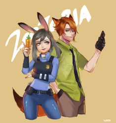 Rule 34 | 1boy, 1girl, animal ears, artist name, bad id, bad pixiv id, beige background, belt, belt pouch, black gloves, blue pants, blue shirt, brown pants, carrot, cellphone, collared shirt, copyright name, cropped legs, disney, dress shirt, fox ears, fox tail, freckles, gloves, green eyes, green shirt, grey hair, grey nails, hair between eyes, half gloves, hands in pockets, hiruchan, holding, holding phone, judy hopps, long sleeves, looking at another, looking at viewer, looking to the side, nail polish, necktie, nick wilde, orange hair, pants, personification, phone, police, police uniform, pouch, print shirt, purple eyes, rabbit ears, rabbit tail, shirt, short hair, short sleeves, simple background, striped necktie, striped neckwear, swept bangs, tail, uniform, zootopia