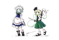 2girls apron blue_skirt bow braid dagger frilled_apron frilled_hairband frilled_skirt frills full_body green_bow green_eyes green_skirt hair_bow hairband highres holding holding_dagger holding_knife holding_weapon izayoi_sakuya knife konpaku_youmu konpaku_youmu_(ghost) looking_at_viewer maid_headdress multiple_girls puffy_sleeves sheath short_hair signature simple_background skirt touhou twin_braids v-shaped_eyebrows weapon white_apron white_background white_hair yoiy_san