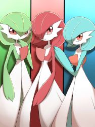 Rule 34 | alternate color, alternate shiny pokemon, closed mouth, commentary, creatures (company), english commentary, game freak, gardevoir, gen 3 pokemon, hand on another&#039;s shoulder, hand up, highres, looking at viewer, nintendo, open mouth, pokemon, pokemon (creature), red eyes, shabana may, shiny and normal, shiny pokemon, smile