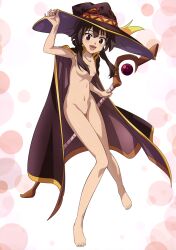Rule 34 | absurdres, breasts, brown cloak, brown hair, brown headwear, cape, clitoris, cloak, completely nude, feet, full body, hat, highres, imaizumi naoko, kono subarashii sekai ni shukufuku wo!, megumin, midriff, nipples, no bra, no panties, nude, nude edit, nude filter, nude underneath, open mouth, red eyes, simple background, small breasts, staff, third-party edit, third-party source, touching hat, witch hat