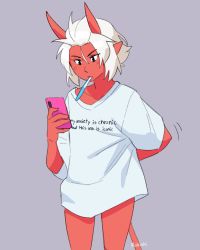 Rule 34 | 1girl, arm behind back, artist name, breasts, colored skin, cowboy shot, demon girl, demon horns, demon tail, english text, grey background, highres, holding, holding phone, horns, li (rob ishi), mouth hold, original, phone, pointy ears, red skin, rob ishi, shirt, short hair, simple background, solo, tail, white hair, white shirt