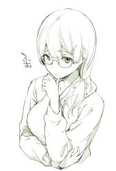 Rule 34 | 1girl, 3:, blush, glasses, green theme, hair ornament, hairclip, hand on own arm, hand on own chin, monochrome, original, sasamori tomoe, simple background, solo, thinking, white background