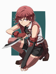 Rule 34 | 10s, 1girl, absurdres, bad id, bad pixiv id, braid, cape, dagger, fingerless gloves, gloves, hai to gensou no grimgar, hair over shoulder, highres, knife, kurohane, on one knee, red eyes, red hair, red thighhighs, shorts, simple background, single braid, solo, thighhighs, weapon, yume (grimgar), zettai ryouiki