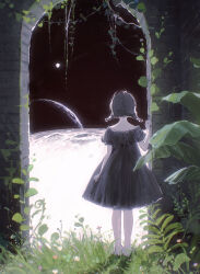 Rule 34 | 1girl, absurdres, arch, arm at side, backlighting, bare legs, barefoot, braid, commentary request, dress, earth (planet), facing away, film grain, full body, grass, grey dress, grey hair, hand on wall, hand up, hidari (nanmu-left), highres, low twintails, moon, original, planet, plant, short hair, solo, space, standing, star (sky), twin braids, twintails, vines, wall