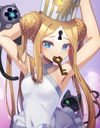 Rule 34 | 1girl, abigail williams (fate), abigail williams (swimsuit foreigner) (fate), abigail williams (swimsuit foreigner) (second ascension) (fate), armpits, arms behind head, arms up, bare shoulders, black cat, blonde hair, blue eyes, braid, braided bun, breasts, cat, chocolate, double bun, dress swimsuit, fate/grand order, fate (series), forehead, hair bun, hat, highres, key, keyhole, long hair, mitre, mouth hold, one-piece swimsuit, parted bangs, ryofuhiko, sidelocks, small breasts, solo, swimsuit, twintails, very long hair, white hat, white one-piece swimsuit