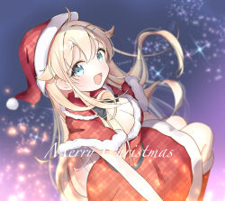 Rule 34 | 1girl, :d, blonde hair, blush, breasts, capelet, cleavage, commentary request, dress, fur-trimmed capelet, fur-trimmed dress, fur-trimmed headwear, fur trim, hair between eyes, hat, highres, long hair, looking at viewer, looking to the side, medium breasts, merry christmas, open mouth, original, plaid, plaid capelet, plaid dress, red capelet, red dress, red hat, rougetsu, santa costume, santa hat, sitting, smile, solo, twitter username, unmoving pattern, very long hair