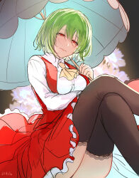 Rule 34 | 1girl, absurdres, crossed legs, dress, ekisutora, feet out of frame, green hair, highres, holding, kazami yuuka, one-hour drawing challenge, red dress, red eyes, solo, touhou, umbrella
