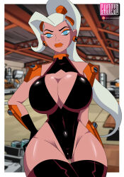Rule 34 | 1girl, adapted costume, alternate breast size, ben 10, ben 10: omniverse, breasts, cameltoe, cleavage cutout, cleft of venus, clothing cutout, curvy, drew saturday, ghostlessm, hand on own hip, high ponytail, highleg, highleg leotard, huge breasts, leotard, lips, long hair, looking at viewer, ponytail, revealing clothes, solo, the secret saturdays, thong leotard, very long hair, white hair, wide hips
