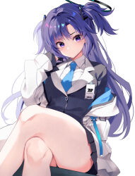 Rule 34 | 1girl, ariko youichi, black skirt, blue archive, blue necktie, blush, closed mouth, collared shirt, commentary request, crossed legs, halo, hand up, id card, jacket, jacket partially removed, legs, long hair, long sleeves, looking at viewer, mechanical halo, necktie, pleated skirt, purple eyes, purple hair, shirt, simple background, sitting, skirt, solo, two side up, white background, white jacket, white shirt, yuuka (blue archive)