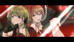 Rule 34 | 2girls, aketa mikoto, aoki mari, arm up, bare shoulders, black dress, black sleeves, black socks, blurry, blurry background, blush, braid, breasts, brown hair, closed mouth, detached sleeves, dress, earrings, from side, green eyes, green hair, hair ornament, hair over shoulder, hand on own face, hand on own head, hands up, hoop earrings, idolmaster, idolmaster shiny colors, jewelry, knee up, large breasts, letterboxed, looking at viewer, multicolored hair, multicolored nails, multiple girls, nanakusa nichika, parted lips, short hair, sleeveless, sleeveless dress, smile, socks, twin braids