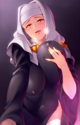 Rule 34 | 10s, 1girl, 846-gou, blush, breasts, covered erect nipples, covered navel, fate/extra, fate/extra ccc, fate (series), grabbing own breast, gradient background, heavy breathing, highres, impossible clothes, large breasts, lips, looking at viewer, nun, open mouth, sessyoin kiara, smile, solo, thighhighs, veil, white thighhighs, yellow eyes