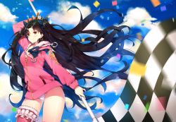 Rule 34 | 1girl, arm up, ayami (annahibi), black hair, blue sky, blurry, blush, bow, checkered flag, closed mouth, cloud, cloudy sky, confetti, contrapposto, cowboy shot, crown, day, depth of field, earrings, fate/grand order, fate (series), flag, floating hair, fur-trimmed hood, fur-trimmed legwear, fur trim, hair bow, highleg, highleg swimsuit, highres, holding, holding flag, hood, hoodie, hoop earrings, ishtar (fate), ishtar (swimsuit rider) (fate), jewelry, lens flare, long hair, looking at viewer, motion blur, one-piece swimsuit, outdoors, pink thighhighs, red eyes, single thighhigh, sky, smile, solo, sparkle, standing, swimsuit, swimsuit under clothes, thighhighs, thighs, tohsaka rin, two side up, very long hair, white one-piece swimsuit