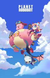 Rule 34 | 1girl, absurdres, bat wings, blue eyes, blue sky, cloud, colored skin, copyright name, disembodied hand, flying, goggles, highres, kirby, kirby: planet robobot, kirby (series), mask, mecha, meta knight, nintendo, nt 26, pink hair, pink skin, rayman limbs, robobot armor, robot, sky, solid oval eyes, susie (kirby), wings, yellow eyes