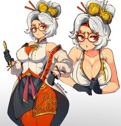 Rule 34 | 1girl, bare shoulders, black gloves, breasts, cleavage, clothes pull, collarbone, eye symbol, eyeshadow, eyewear on head, gloves, gradient background, grey hair, hair ornament, hair stick, highres, holding, jacket, jarckius, large breasts, light blush, looking at viewer, makeup, multiple views, nintendo, paid reward available, pantyhose, pulled by self, purah, red-framed eyewear, red eyes, red eyeshadow, red pantyhose, round eyewear, sheikah, shirt, shirt pull, short hair, simple background, sleeveless, sleeveless shirt, the legend of zelda, the legend of zelda: tears of the kingdom, thigh gap, updo, white jacket, white shirt