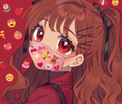 Rule 34 | 1girl, animal print, apple print, bear print, black ribbon, blush, brown hair, cake print, cherry print, chocolate print, commentary request, floral print, food print, from side, hair ribbon, heart, heart print, highres, long hair, looking at viewer, mask, mouth mask, original, portrait, red background, red eyes, red sweater, ribbon, sakura yuki (clochette), smiley face, solo, strawberry print, sweater, twintails, two side up