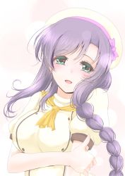 Rule 34 | 10s, 1girl, :d, beret, blush, braid, breasts, chef, frapowa, green eyes, hat, long hair, looking at viewer, love live!, love live! school idol festival, love live! school idol project, open mouth, purple hair, smile, solo, tojo nozomi