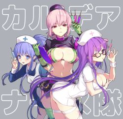 Rule 34 | 10s, 3girls, apron, armband, ass, bb (bb shot!) (fate), bb (fate), bb (fate/extra), belt, between fingers, bikini, black footwear, black hat, blue dress, blue eyes, blue hair, blush, boots, braid, breast hold, breasts, cleavage, clipboard, collarbone, dress, fate/extra, fate/extra ccc, fate/grand order, fate (series), florence nightingale (fate), florence nightingale (trick or treatment) (fate), garrison cap, garter straps, glasses, gloves, green bikini, green gloves, green legwear, grey background, hair between eyes, hair ribbon, hat, hip focus, holding, large breasts, latex, latex gloves, layered bikini, leaning forward, long hair, looking at viewer, medea (lily) (fate), microskirt, multiple girls, navel, nurse, nurse cap, official alternate costume, one eye closed, open mouth, pink hair, pink ribbon, pointy ears, ponytail, purple belt, purple bikini, purple eyes, purple hair, red hair, revealing clothes, ribbon, short dress, short sleeves, shrug (clothing), sidelocks, simple background, single braid, skirt, small breasts, swimsuit, syringe, thigh boots, thighhighs, thighhighs under boots, thighs, very long hair, vivi (eve no hakoniwa), white dress, white legwear, wrist cuffs